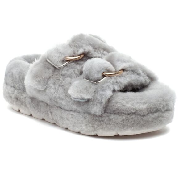 JSLIDES BROOKE Shearling Slippers with Gold Buckles - Picture 2 of 6